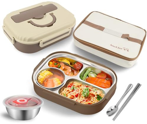 MEKOTRIN Lunch Box, Stainless Steel Lunch Box with Compartments, 1000ML Food Container with Lunch Bag Soup Bowl and Cutlery Set for School Kindergarten Office Kids Adults(Khaki)