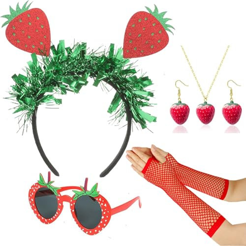XINDY Erdbeer Kostüm Damen, Obst Kostüm Erdbeer Haarreif, Erdbeer Brille, Erdbeer Ohrringe, Halskette, Rot Handschuhe für Erdbeere Kostüm Damen Fasching Kostüm Karneval Kostüm Accessoires