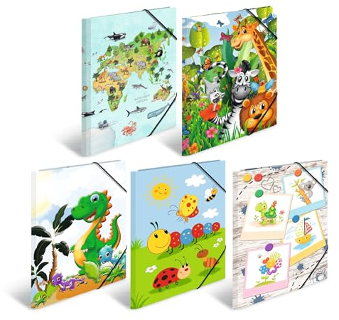HERMA Sammelmappen A3 Kindergarten Set, 10 Stück, Eckspanner-Mappen aus Pappe mit Tier Motiv, Gummizug, Innenklappen und Innendruck für Jungen, Mädchen und Kinder