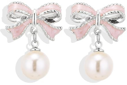 SIXDUTON Boucles d'Oreilles Perles pour Femme, Boucle d oreille à Clous en Ruban, Plaquée Or 14K Boucles d'Oreilles Nœud d'Amour Cadeaux pour la Saint-Valentin pour Femmes Filles (Rose-argent)