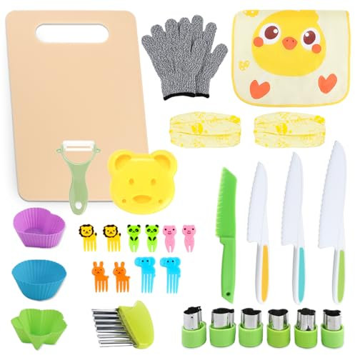 31PCS Kids Cooking Set, Safe Kids Knife Set for Chopping in 4 Sizes, Mini Chef Knife Sets for Kid with Cutting Board, Fruit & Vegetable Crinkle Cutters, Safety Gloves, Apron, and Cartoon Forks