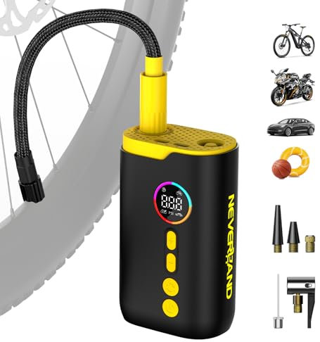 NEVERLAND Fahrradpumpe Elektrische Luftpumpe Akku - 150 PSI Tragbare Akku Kompressor für Fahrrad, Motorrad & Bälle, mit alle ventile & Manometer, U-Schloss, LED-Licht, Auto-Off, Digital Display