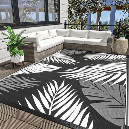 Generisch Outdoor Teppich Polypropylen Wetterfest campingteppich Picknickdecke Wendbar UV-bestandig Gartenteppich Outdoor Balkon Teppich mit Blattmuster,Grau+Weiß(120x180cm)