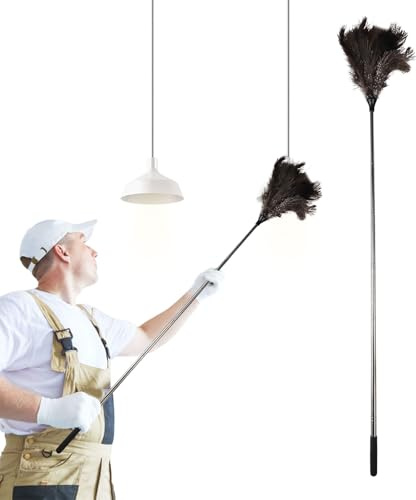 Feather Duster Extendable,42-115cm Ostrich Feather Dusters for Cleaning,Long Handle Duster with Metal Handle for High Ceilings,Lamps, Cabinets, Furniture