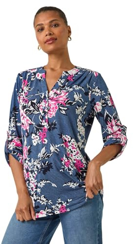 Roman Shirt for Women UK Ladies Top Collarless Blouse Stretchy Tunic Smart Casual Autumn Winter Jersey 3/4 Length Sleeve Notch V Neck Flattering Office Work - Blue Floral - Size 10