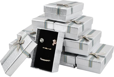 24PCS Petit Boite Cadeau, Boite Bijoux Cadeau rectangle, Ecrin Bijoux avec Nœud, Coffrets Cadeaux Bague Vide, Couvercle Boîtes Cadeaux pour Pendentif, Boucle d'oreille, Collier Bague 8*5*3cm (Argent)