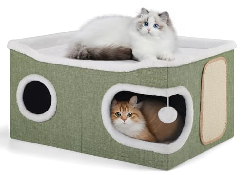 Shikha Niche Pliable pour Chat, Maison d'intérieur pour Grands Chats, 61 x 45 x 32 cm, 2 Couches de Cube pour Chat, XXL avec griffoir et Balle de Jeu,Niche pour Grands Animaux de Compagnie, Vert