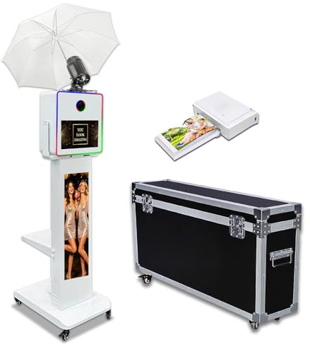 DSLR-Fotokabine, 15,6 Zoll Touchscreen, Kamera-Selfie-Fotokabine mit 29 Zoll LCD-Bar-Bildschirm, App-Steuerung, LED-Ringlicht, Photobooth mit Flightcase für Event, Verleih, Hochzeit, Party