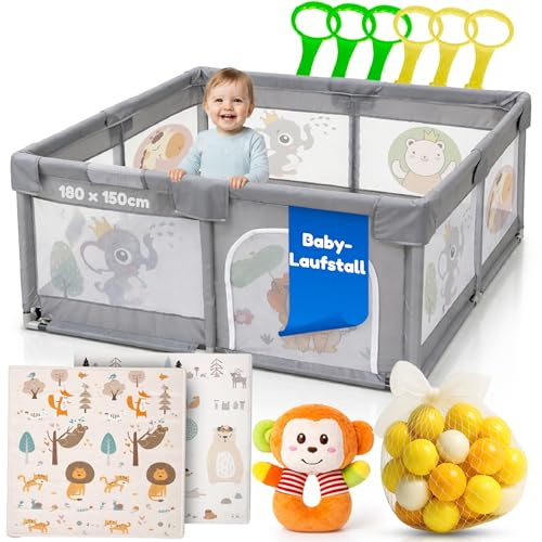 Parque Infantil Bebe 150x180cm + Alfombra Bebe + 60 Bolas + Agarraderas + Bolsas de Transporte – Corralito Bebe con Malla Transpirable – Parque de Juegos Bebe – Playpen Bebe (150x180cm)