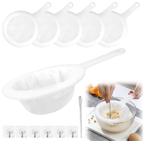 Lot de 6 passoires fines avec poignée, 80/100/120/200/300/400 mailles, passoire à cheveux de cuisine avec 6 crochets et 1 mélangeur, passoire en plastique kéfir, filtre entonnoir ultra fin pour jus