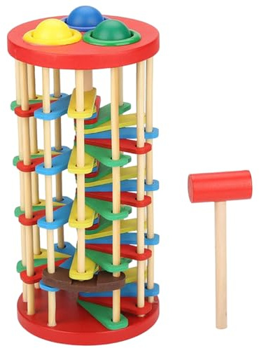 Faroby Ball Drop Toy, Wooden Ball Drop Tower with Swirling Ramps Hammer & 3 Balls, Educational Montessori for Babies Toddlers