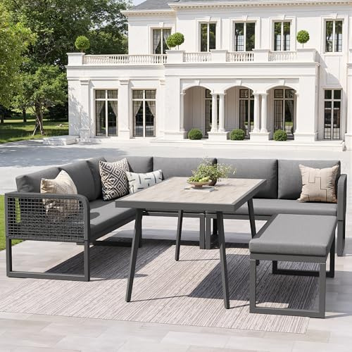 Merax Gartenmöbel Set,Outdoor Sofa Garnitur für 6-8 Personen mit Sitzkissen & Rückenkissen, Handgeflochtene PE-Rattan Loungesessel, Wetterfestes Terrassen Sofa Set, Modular und Flexibel, Grau