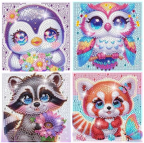 Yaoyaocc 4 Piezas Diamond Painting, Pintura de diamantes 5D DIY de completo redondo con animales de dibujos animados, Manualidades Creativas para principiantes, Decoración de Pared, 15x15 cm