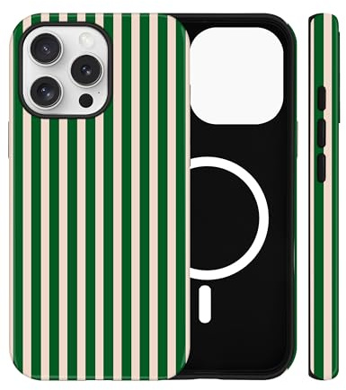 Jusy Aesthetic Stripes Magnetic Case for iPhone 13 Pro, Forest Green | Compatible with MagSafe, Cute Striped Aesthetic Design, Wireless Charging, TPU and PC Shockproof