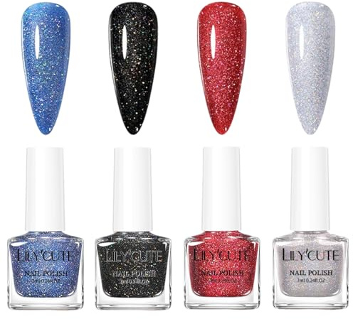4PCS Glitter Nail Polish Set, Nail Varnish Quick Dry, Sparkly Nail Polish In Blue, Black, Red, Silver, No UV Lamp Needed, Autumn Winter Long Lasting Shimmer Finish Gift For Women DIY Manicure