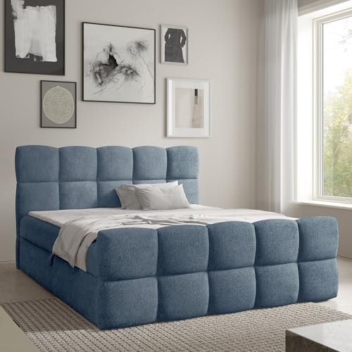 Home Collective Boxspringbett Polsterbett Doppelbett Bubble Bett mit Stauraum viele Größen und Farben | Topper inklusive | modernes Design Schlafzimmer Jugendzimmer Möbel | Blau 160x200 cm