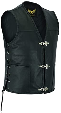 Leatherick Gilet de Moto en cuir Véritable Noir Pour Homme – Design tressé classique, Lacets latéraux et Fermeture éclair Gilet de Motard Pour Homme avec Boucles en Hameçon (L) - Noir