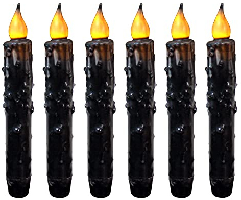 CVHOMEDECO. Real Wax Hand Dipped Battery Operated LED Timer Taper Candles Rustic Primitive Flameless Lights Décor, 6.75 Inch, Matt Black, 6 PCS in a Package