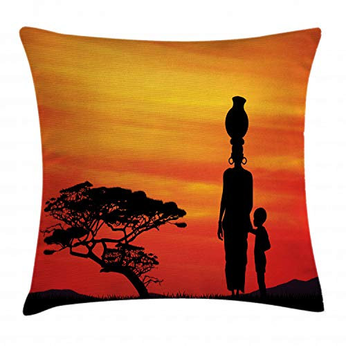 ABAKUHAUS afrikanische Frau Kissenbezug, Mutter und Kind, Wasser und Schmutz resistent Waschbar Beidseitiger Druck mit Reißverschluß, 40 x 40 cm, Scharlachrot Gelb