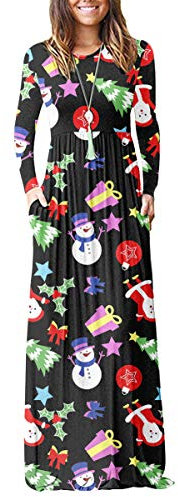 AUSELILY Damen Langarm Maxikleider Lässige Langkleider mit Taschen Winter Weihnachts schneemann XXL