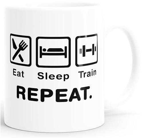 MoonWorks® Kaffee-Tasse mit Spruch Eat Sleep Repeat Mega Mix Bürotasse lustige Geschenke Kaffeebecher Weiss Keramik-Tasse