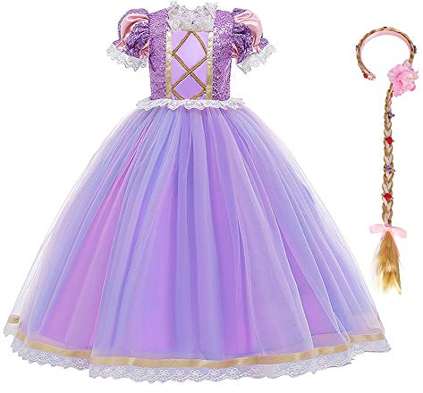 IBTOM CASTLE Kinder Mädchen Kostüm Prinzessin Rapunzel Lang Kleid Party Cosplay Verkleidung Festlich Karneval Festkleid Brautjungfer Maxikleid Geburtstagsfeier Fest-Kleid Helles Lila-2 7-8 Jahre