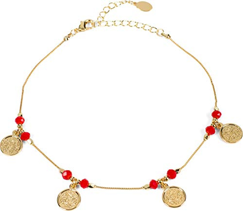 styleBREAKER Damen Fußkettchen Münz Anhänger Perlen | 22 cm Länge (um 5 cm anpassbar durch Karabiner-Verschluss), 1 cm große Ancient Coin Details, 3 mm feine Kunststoff-Kugeln.