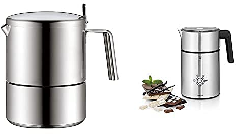 WMF Kult Cafetera Italiana, Inducción, Acero Inoxidable Mate, 6 Tazas + Espumador Milk&Choc, 650 W, con 4 funciones, libre de BPA, acero de Cromargan, apagado automático