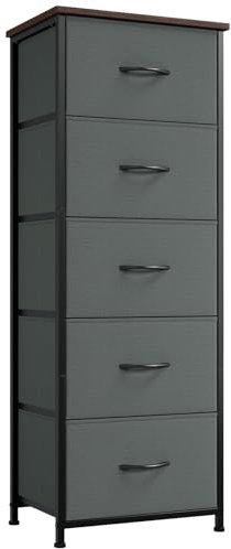 Somdot Kommode mit 5 Schubladen aus Stoff, Sideboard mit Holzplatte, Schrank für Wohnzimmer Kinderzimmer Flur, Komodenschrank, Küchenschrank, Schlafzimmerschrank, Kohlegrau