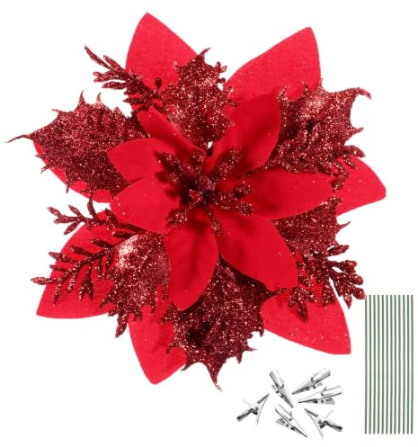 Toddmomy 12Pcs Weihnachten Glitter Weihnachtsstern Blumen Künstliche Künstliche Weihnachten Blumen mit Stiel Und Clip für Glitter Baum Neue Jahr Ornamente Ornament Rot