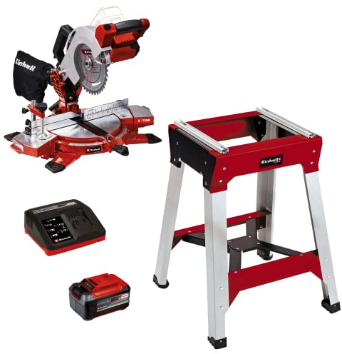 Einhell Akku-Kappsäge TE-MS 18/210 Li Power X-Change (Li-Ion, 18 V, 3.000 min-1, neigbarer Sägekopf, HM-Präzisionssägeblatt, inkl. 5,2 Ah Akku, Fastcharger & Untergestell)