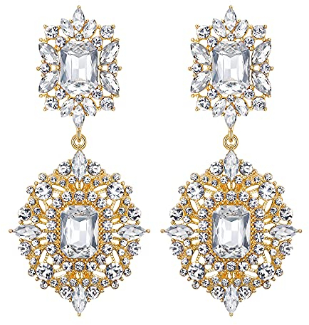 EVER FAITH Ohrclips Art Deco Vintage-Stil Party Gatsby Baumeln Chandelier Clips on Ohrringe für Damen Klar Silber-Ton (Klar Gold-Ton)