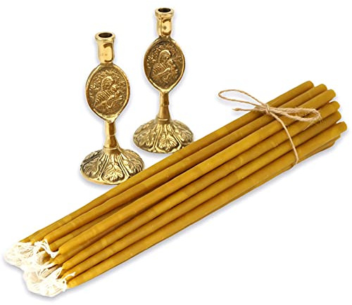Set mit 2 Kerzenhaltern aus Messing im Theotokos-Design und 20 Kirchenkerzen aus reinem Bienenwachs, orthodoxe Spitzen, Hausaltar