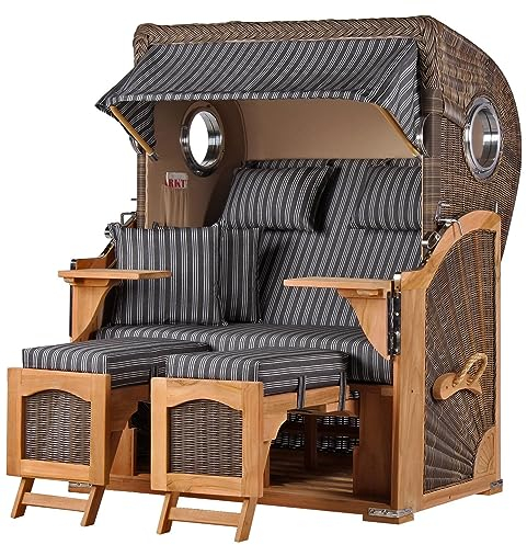 bene living Strandkorb Ammersee Teak Bullauge - PE grau - Modell 500 - Zweisitzer inkl. Liftersystem