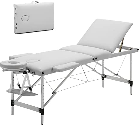 Mondeer Table de Massage Pliante, Lit Cosmétique Pliante Aluminium Professionnel, Lit de Massage Portable, avec Housse de Transport,3 Zone, Blanc