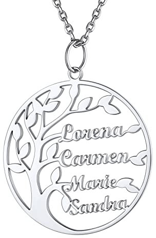 PROSILVER Femme Collier Argent Personnalisé 4 Prénoms Arbre de Vie, Chaîne Pendentif Cercle avec Noms Famille Personnalisable