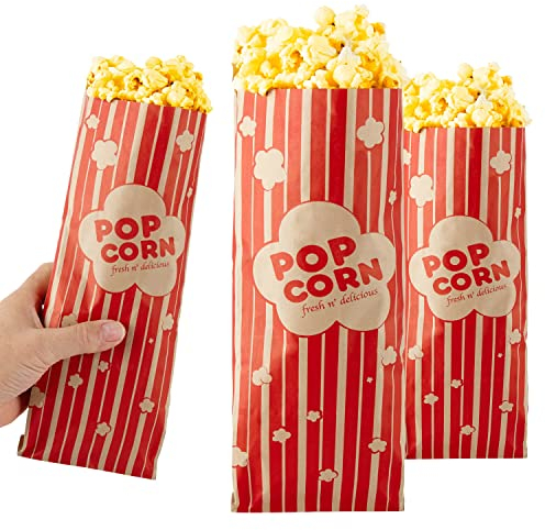 2 oz Paper Popcorn Bags Bulk (100 Pack) Large Kraft & Red Pop-corn Bag Disposable for Carnival Themed Party, Movie Night, Halloween, Popcorn Machine Accessories & Supplies, Individual Servings