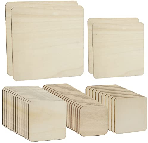 49 Stück Unbehandelte Holz Quadrate, 5 Größen Holzplatten aus Naturholz Blanko Holzscheiben Quadratisch für DIY Handwerk, Pyrografie Kunst, Kunst schnitzen, Untersetzer, Malen, Dekorationen