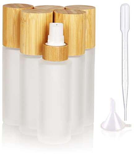 COSIDEA 6 pcs Empty 2oz / 60ml bamboo lids Frosted glass bottle with lotion pump dispenser, refillable emulsion cosmetic cream bottles, toiletries refill travel container