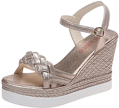 Ecoodisk Sandalias de Cuña para Mujer, Calzado de Verano, Plataforma Con Hebilla, Sin Cordones, Tejido de Puntera Abierta, Casual, Dorado, Talla 37