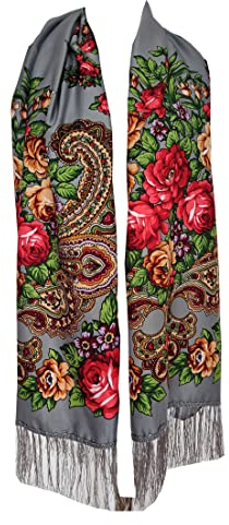 Langer bunter russischer slawischer Kultur-Stil Folk Frau Schal mit Fransen, Grey, 70 cm X 180 cm