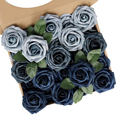 N&T NIETING Künstliche Blumen Rosen, 25 Stück Deko Blumen Fake Rosen mit Stielen für Hochzeit Blumensträuße Braut Babydusche Party Zuhause Dekoration, Blau Gemischt
