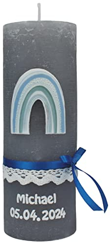 Wiedemann Kerzen Taufkerze Rustik für Jungen mit Blauer Schleife 190 x Ø 68 mm