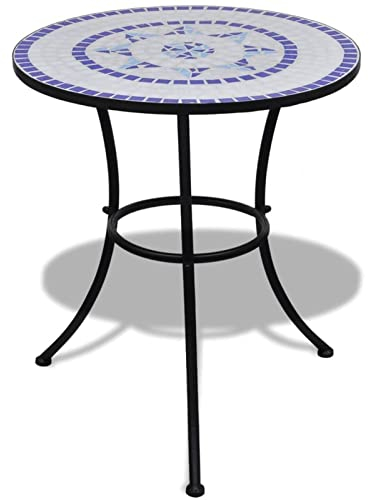 Homgoday Bistrotisch Gartentisch Balkontisch Terrassentisch Mosaiktisch Beistelltisch Couchtisch Gartenmöbel Tisch mit Mosaikplatte Blau und Weiß 60 cm Mosaik