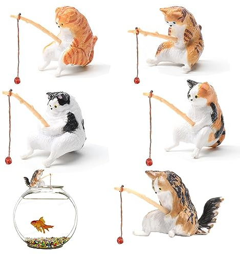 JAHEMU Mini Angeln Katze Figur Harz Gartenfiguren Aquarium Dekoration für Terrasse Rasen Hof Balkon 5 Stück