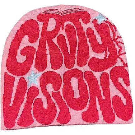 Rvnsu Y2K Beanies Brief Druck Strickmütze Mode Hip Hop Trend Beanie Winter Warme Wollmütze für Frauen Mann Pullover Hut, Pink, Einheitsgr��e