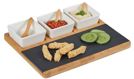 Relaxdays Set Bandejas para Servir, con Tabla de Bambú, Plato de Pizarra y Cucharas, para Sushi, Tapas, Multicolor, 28 x 22 cm