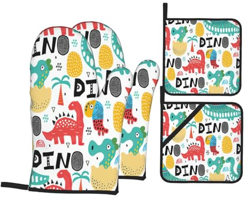 Gearsly Set di 4 guanti da forno e presine Dino, con simpatico dinosauro in stile cartone animato, resistenti al calore, antiscivolo, impermeabili, per cucinare, grigliare