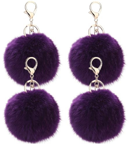 JK Home Lot de 4 Porte-clés Pompon en Fausse Fourrure Pendantif pour Sac à Main Voiture Bagage Porte-clé Saint-Valentin Anniversaire Violet Foncé