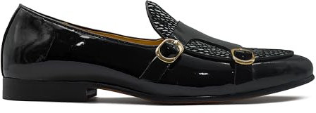 Mocassini da Uomo in Vera Pelle Verniciata con 2 Fibbie, Mocassini da Festa con Glitter Argento [W48-N1-BLACK-SILVER-39EU,5.5UK]